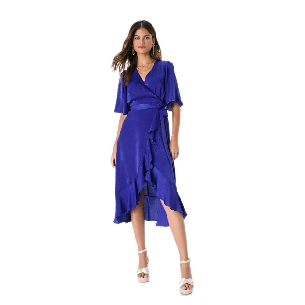 Lulus Cobalt Blue Satin Flutter Sleeve Ruffle Wrap Midi Dress S Coquette Wedding